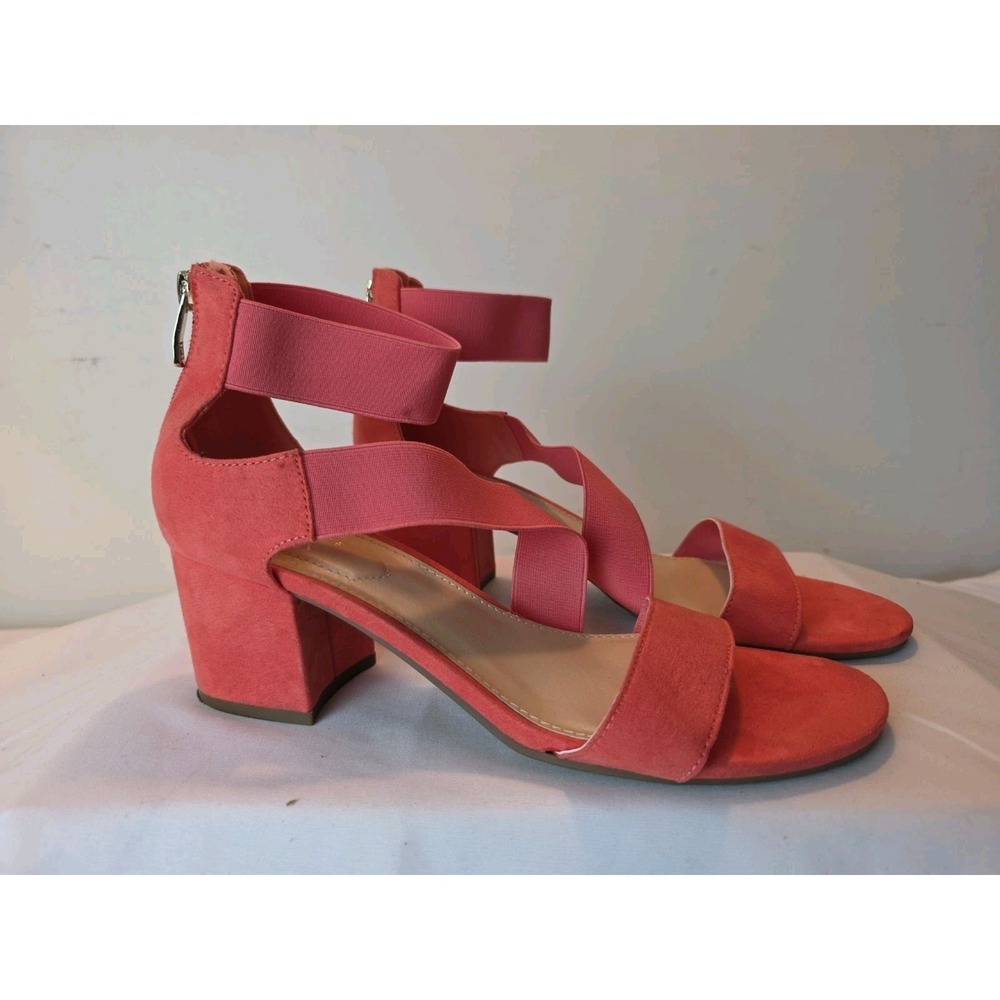 Liz Claiborne Sandals Pink Suede Strappy Block Heel Womens 9.5 Zip Casual EUC